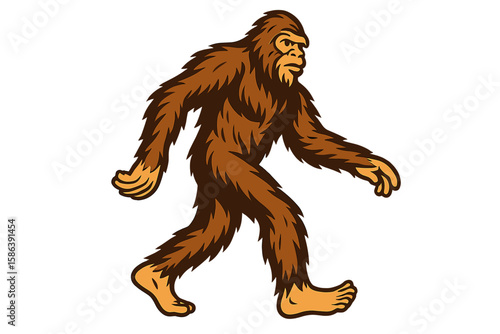 Bigfoot walking vector illustration. Sasquatch character mascot icon. Mythical creature, legendary ape man monster from American folklore. Hairy yeti giant silhouette design.