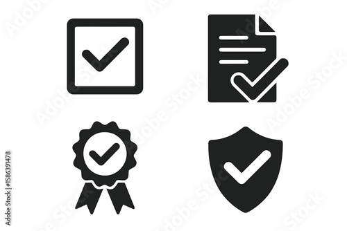 Checkmark approval icon set. Validation, certification, confirmation concept. Pictogram collection for checklist, document, award, security. Quality control, verification.
