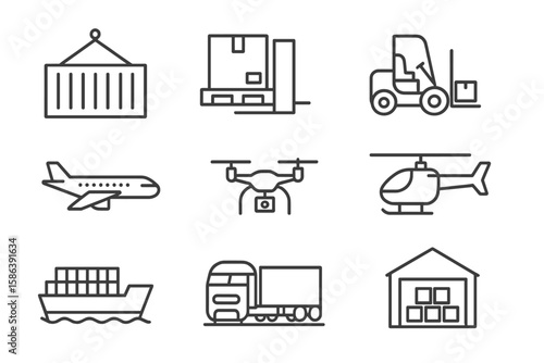 Logistics and delivery icon set. Shipping, transport, and cargo symbols. Vector pictograms of container, pallet, forklift, plane, drone, ship, truck, and warehouse.