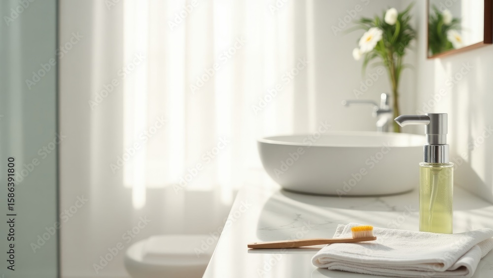 Fototapeta premium Sunlit Minimalist Bathroom Counter with Skincare Bottles and Clean Towels – Modern Lifestyle Interior