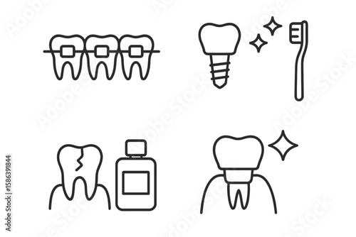 Dental care vector line icons. Oral hygiene and stomatology concept. Pictogram set of braces, implant, toothbrush, cavity treatment, mouthwash, whitening and tooth crown.