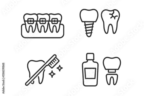 Dental care line icon set. Dentistry and stomatology vector pictograms. Oral hygiene, toothbrush, mouthwash. Orthodontic braces, tooth implant, crown, and cavity.