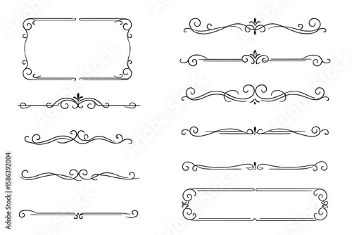 Set of vintage ornamental frames and text dividers. Elegant calligraphic flourish and scroll border elements for wedding invitations or certificate design. Vector collection.