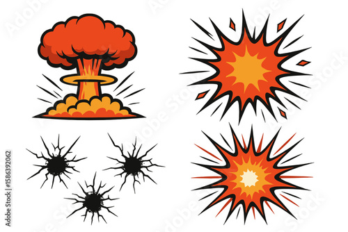 Explosion comic vector set. Nuclear blast mushroom cloud, bullet hole cracks, and dynamic impact bursts. Powerful red and black pop art starburst illustrations.