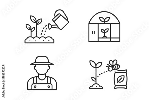 Gardening and agriculture thin line icon set. Vector pictograms of grow your own food concept. Watering can, greenhouse, seedling, sprout, farmer, pollination, fertilizer.