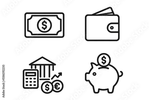 Finance line icon set. Vector pictograms of money, wallet, banking, and currency symbols. Includes investment chart, financial services, piggy bank, and dollar concepts.