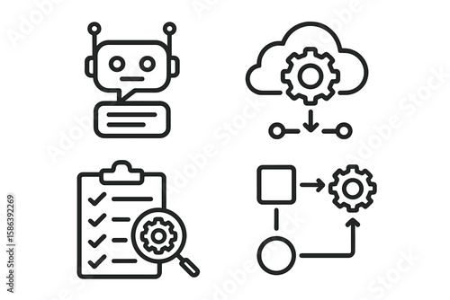 Business automation line icon set. Vector pictograms of chatbot, cloud computing, process optimization, and workflow. Digital intelligence, checklist analysis for web and apps.