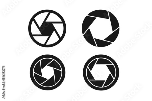 Camera shutter icon set. Black and white vector logos for photography. Abstract aperture, lens diaphragm symbol. Graphic illustration for photo and video concepts. Focus sign.