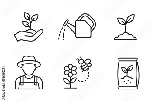Gardening and agriculture line icon set. Vector pictograms of grow your own food concept, watering can, seedling in hand, sprout in soil, farmer, bee pollination, fertilizer.
