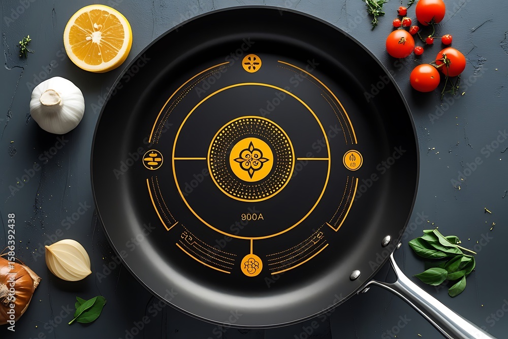 Obraz premium A black frying pan with food ingredients around it