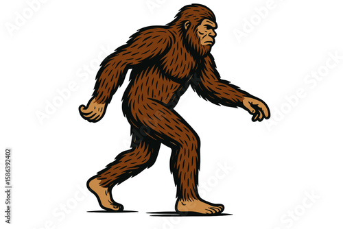Bigfoot walking vector illustration. Sasquatch character mascot design. North American folklore legend. Mysterious primate, ape man monster. Cryptozoology cryptid creature concept.