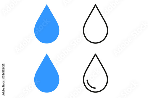 Water drop vector icon set. Collection of blue filled and black outline droplet symbols. Aqua, liquid, and pure nature concept for graphic design. Clean water illustration.