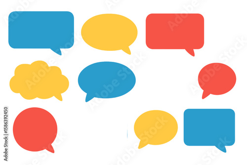 Colorful speech bubbles vector set. Collection of various shapes for communication, dialogue box, chat, or quote. Isolated illustration graphic design elements. Flat cartoon icons.