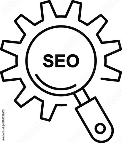 Flat Vector Icon of SEO Settings and Optimization Process Represented by Gear and Magnifying Glass