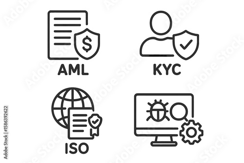 Corporate compliance and risk management line icon set. Includes symbols for AML, KYC, ISO certification, fraud detection, law regulation, and data privacy security vector.