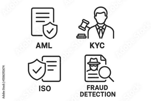 Corporate compliance and risk management line icon set. Symbols for AML, KYC, ISO, and fraud detection. Vector for business governance, financial regulation, and data privacy law.