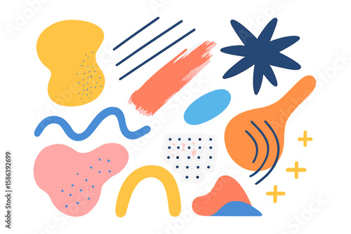 Set of abstract trendy shapes and hand drawn doodle elements. Colorful contemporary vector collection of minimalist geometric and organic forms for design. Creative scribbles.