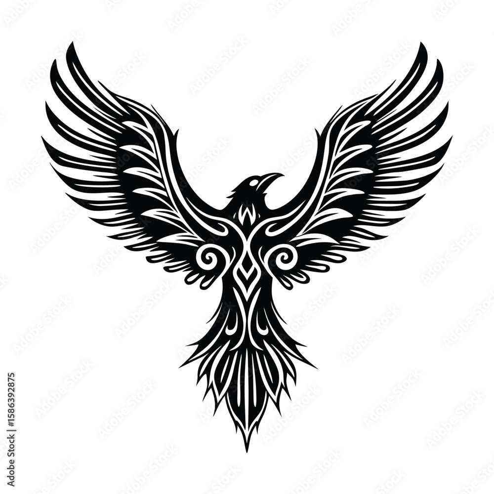 Obraz premium Stylized black phoenix with elaborate tribal wing design silhouette