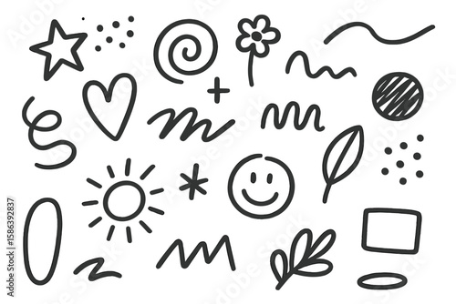 Hand drawn doodle set. Abstract scribble shapes collection. Cute line art design elements. Playful kid sketch with star, sun, heart, flower, and smiley face for decoration.