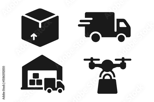 Delivery logistics icon set of 4. Vector glyph pictograms of package, truck, warehouse, drone. Supply chain, shopping, shipping, courier, e-commerce concept. Fast post.