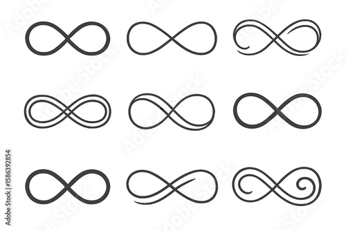 Infinity Symbols Collection, Minimalist Loop Line Art, Decorative Infinity Designs, Elegant Swirl Patterns, Creative Infinity Motifs for Logos, Tattoos, Branding, and Graphic Design