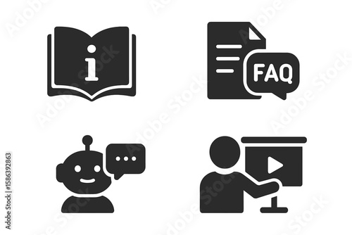Comprehensive Information and Support Icons Set – Help Center, Documentation, Knowledge Base, Book, Document, Speech Bubble, FAQ, Chatbot, Tutorial – Black Vector Glyphs