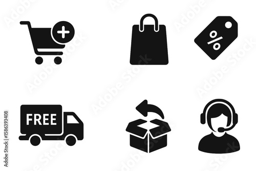 Comprehensive Online Shopping Glyph Icon Set – Add to Cart, Shopping Bag, Discount Tag, Free Shipping Truck, Product Return, Customer Support, E-Commerce Vector Pictograms, Black Silhouette Collection