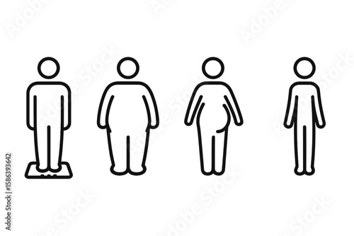 Body Weight Variations Line Icon Set. Four Human Figures Illustrating Overweight, Underweight, Pregnancy, BMI, Health, Thinness. Vector Pictograms for Medical, Fitness, Wellness Concepts.