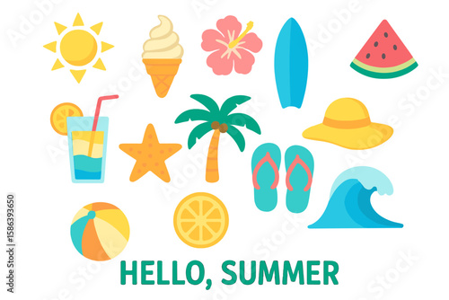 Summer Vacation Vector Set: Sun, Ice Cream, Beach Ball, Palm Tree, Surfboard, Watermelon, Lemonade, Starfish, Flip Flops, Sun Hat, Ocean Wave, Hibiscus Flower, Hello Summer Text