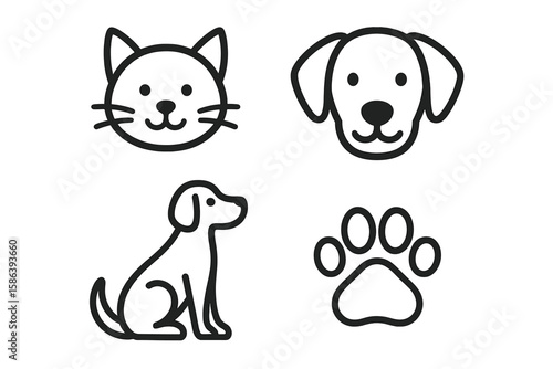 Cute Cat and Dog Line Art Icons, Pet Lover Minimalist Vector Set, Animal Face and Paw Print, Simple Outline Pet Illustrations for Design Projects, Transparent Background, Perfect for Animal Lovers