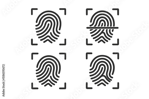 Fingerprint scan icon set. Biometric thumbprint symbol for security identification. Digital access verification and authentication technology for mobile app and website UI.