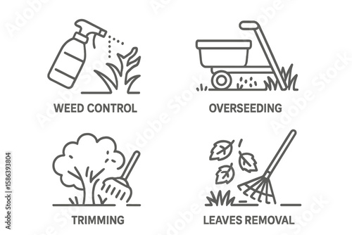 Lawn Care Service Line Icon Set. Vector Pictograms of Weed Control, Overseeding, Trimming, Shrub Maintenance, Leaf Removal, Seasonal Yard Cleanup, Irrigation, Thin Linear Style, Outdoor Garden Care