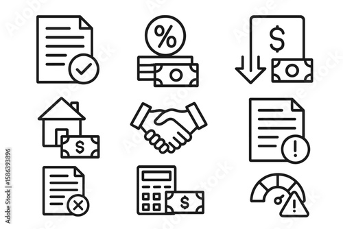 Loan and Financing Line Icon Set – Approval, Interest Rate, Repayment, Mortgage, Agreement, Penalty, Rejection, Calculator, Credit Risk – Financial Vector Illustration Collection