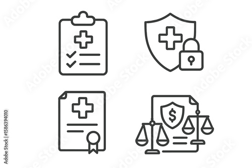 Medical Law and Ethics Line Icons Set – Healthcare Compliance, Patient Privacy, Legal Documents, Scales of Justice, Insurance Policy Outline Vector Illustration
