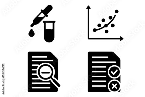 Scientific Research Icons Set – Laboratory Pipette, Test Tube, Data Analysis Graph, Regression, Correlation, Anomaly Detection, Document Review, Approval and Rejection, Black Vector Collection