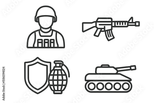 Military War Line Icon Set – Soldier, Assault Rifle, Grenade, Shield, Tank, Combat Equipment, Battlefield Gear, Thin Linear Vector Illustration for Defense and Security Concepts