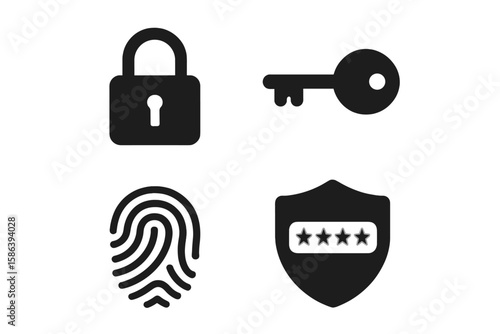 Cybersecurity and Privacy Icon Set – Vector Black Glyphs of Lock, Key, Fingerprint, Shield, Passcode, Protection, Access Control, Secure Authentication Symbols