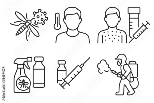 Mosquito-Borne Disease Prevention and Symptoms Vector Icons. Line Art Set of Virus Transmission, Fever, Rash, Malaria, Dengue, Medical Test, Vaccine, Injection, Repellent Spray, Fumigation, Protection