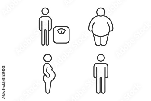 Body Weight Diversity Line Icons Set. Vector Pictograms of Human Figures Showing Overweight, Underweight, Pregnant, Normal BMI. Thin Linear Illustration for Health, Fitness, Medical, Wellness Concepts