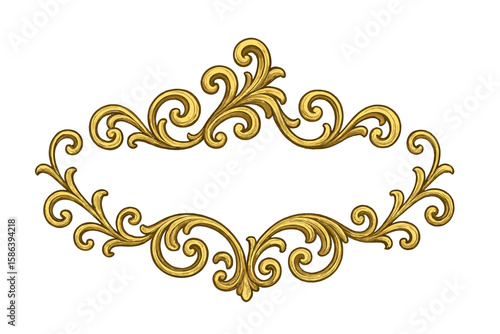 Ornate Gold Swirl Frame Vector. Elegant Baroque Scroll Border. Luxury Vintage Adornment for Invitations, Cards, Web Decor, Certificates, Decorative Separator. Transparent Background Illustration
