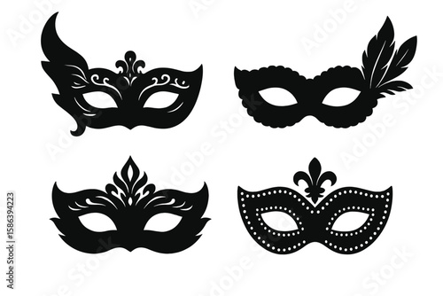 Elegant Masquerade Masks Vector Set for Mystery, Disguise, Party, Carnival, Festival, Theatrical Performance, Costume Ball, Venetian Event, Black Silhouette Illustration on Transparent Background