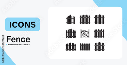 Collection of Fence Icons Various Styles and Designs for your Projects