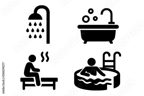 Spa and Bath Vector Icon Set – Black Silhouette Pictograms of Shower, Bathtub with Bubbles, Sauna Bench, Jacuzzi Pool, Relaxation, Hygiene, Wellness Concepts