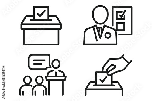 Voting and election thin line icon set. Vector pictograms for democratic process, civic participation, ballot box, political debate, and voter engagement. Editable stroke.
