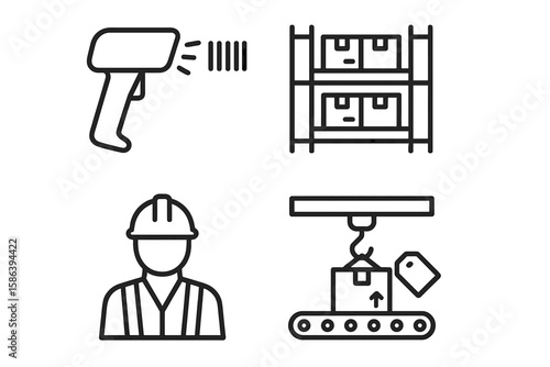 Warehouse operations line icon set. Vector pictograms for logistics, inventory, and supply chain. Includes barcode scanner, racking, conveyor with crane, and industrial worker.