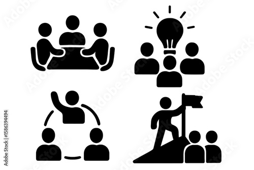 Business Teamwork and Collaboration Icon Set — Four Black Vector Glyph Pictograms Depicting Leadership, Communication, Brainstorming, Meetings, Success, and Networking Concepts for Corporate Design