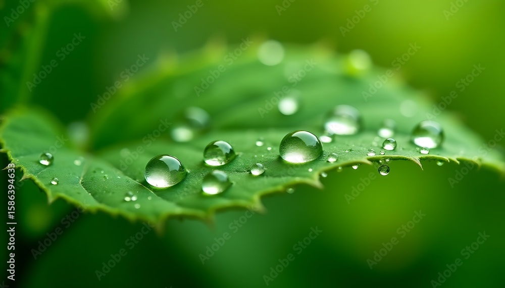 Drops of water on the surface of green leaves, morning dew Drops of water on the surface of green leaves, morning dew