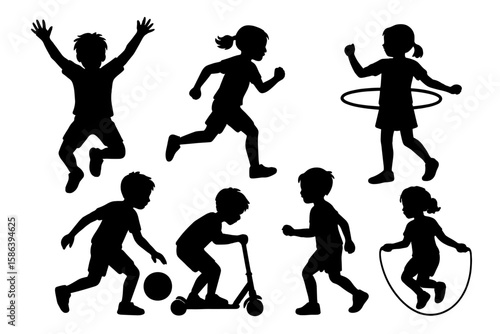 Children silhouette collection. Set of active kids playing outdoor games. Boys and girls jumping, running, with a soccer ball, scooter, hula hoop, and jump rope. Vector.