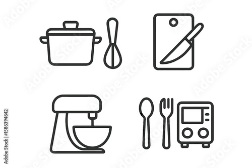 Cooking and kitchen utensil line icon set. Food preparation tools, cookware, saucepan, whisk, bowl, knife, chopping board, mixer, spoon, fork, and appliances vector pack.