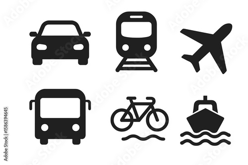 Comprehensive Black Transportation Icon Set – Modern Vector Glyph Pictograms for Travel, Public Transit, Logistics, Car, Train, Bus, Bicycle, Boat, Airplane, Urban Mobility Concepts